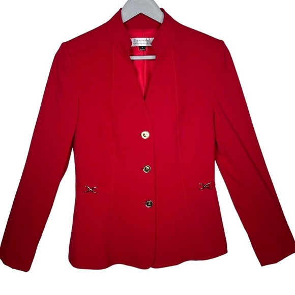 Tahari ASL Red Business Suit Jacket Blazer Size 4 Horse Bit Buckles Gold Buttons - Picture 2 of 13